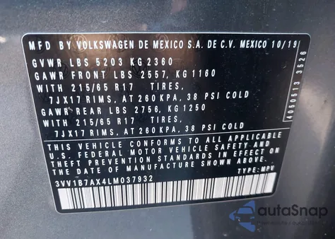 2020 Volkswagen Tiguan 2.0T S z USA, uszkodzony, nr VIN 3VV1B7AX4LM037932